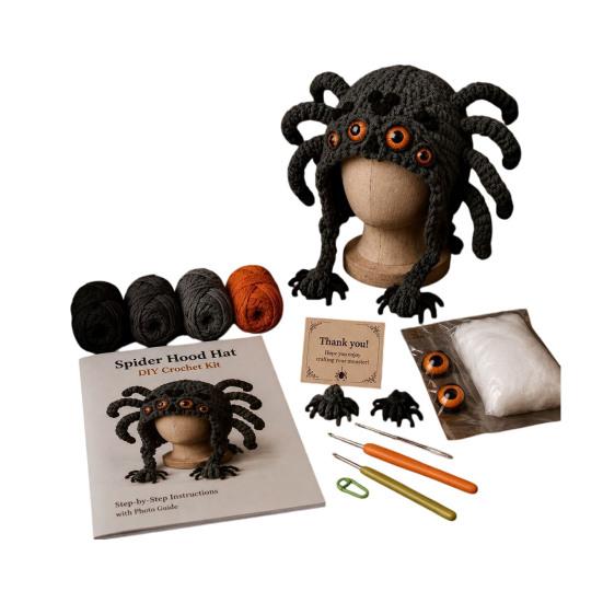 Crochet Starter Kit Fantasy Hood Kit, Cute Animal Hat DIY Dragon Unicorn Creative Gift for Crafters Skull Earflap Craft Adults, Handmade Halloween