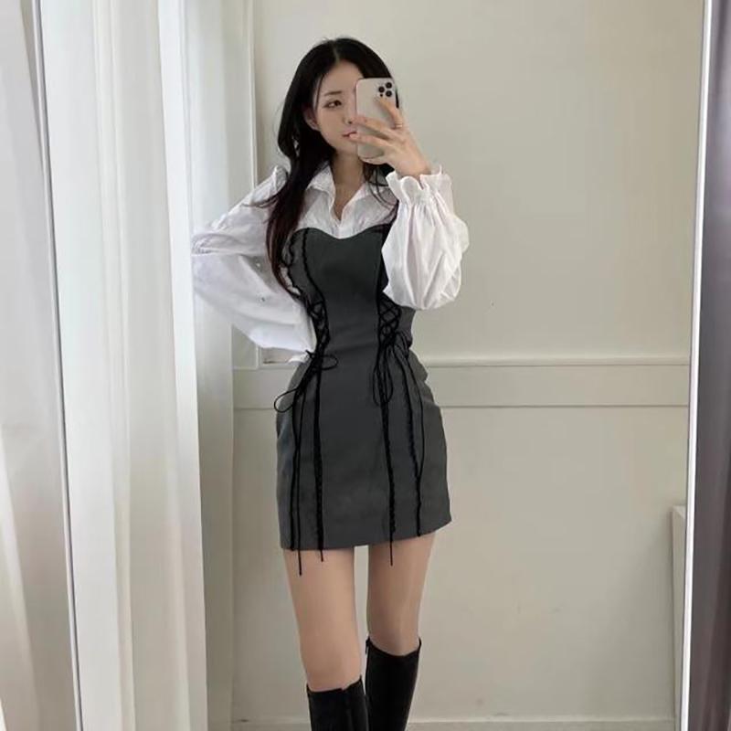IELGY Student Korean Style Retro Stitching Puff Sleeve Two-piece Short Dress  with Straps  buy the best products in the Ayzeze online store