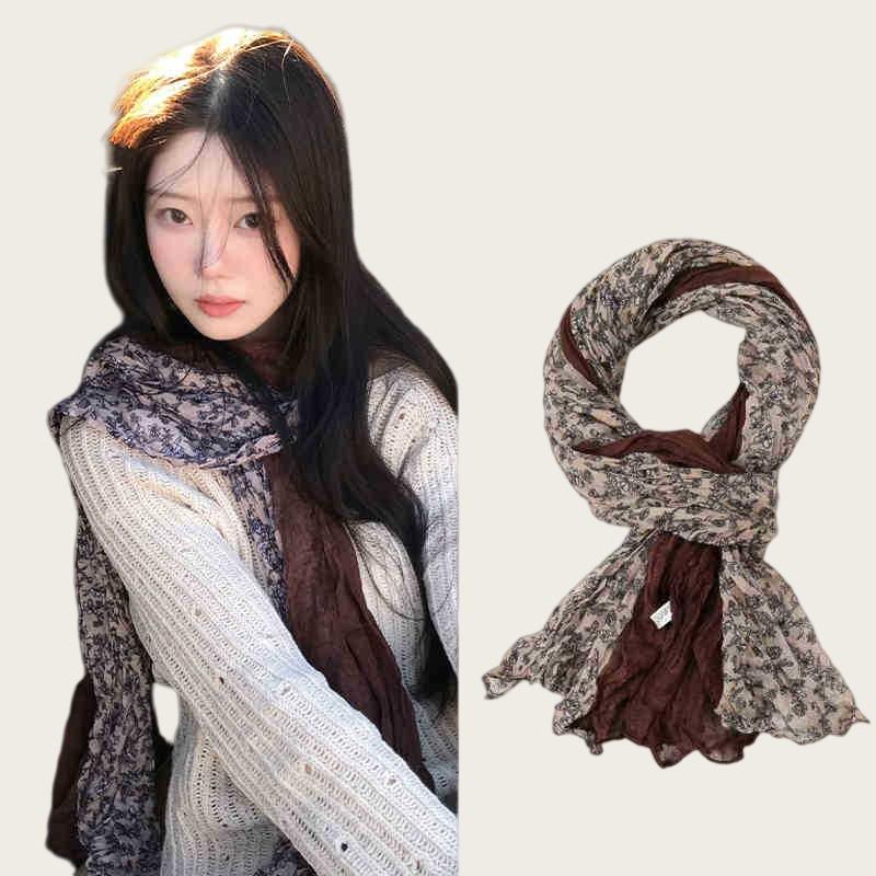 Literarische und Retro-Kontrastfarben, lange Seidenschals mit Blumenmuster, Damenmode, ausländischer Stil, hochwertiger Hals- und Nackenschmuck, hochwertig vielseitig