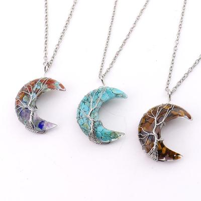 Natural Crystal Crescent Moon Pendant – Tree of Life Necklace