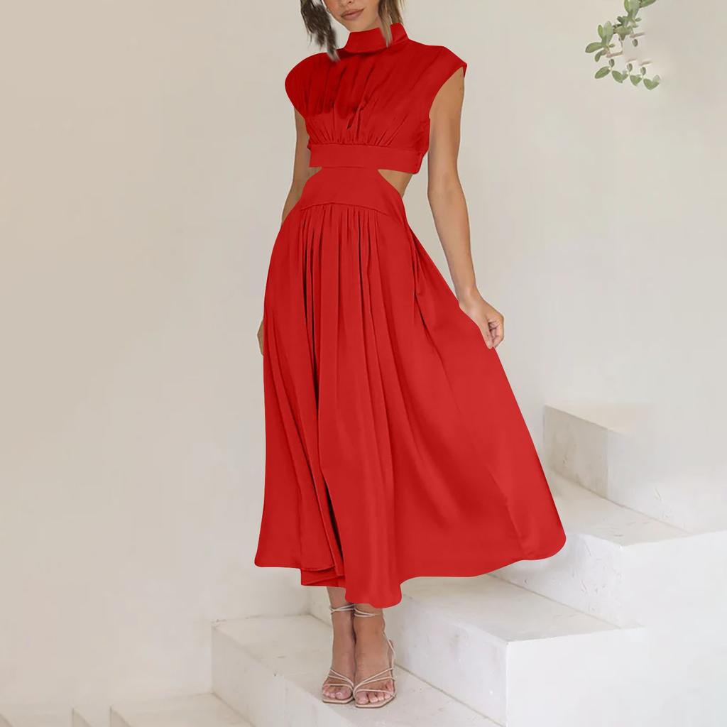 Women's Color Casual High Neck High Waist Maxi Pocket Open Waist Maxi Dress