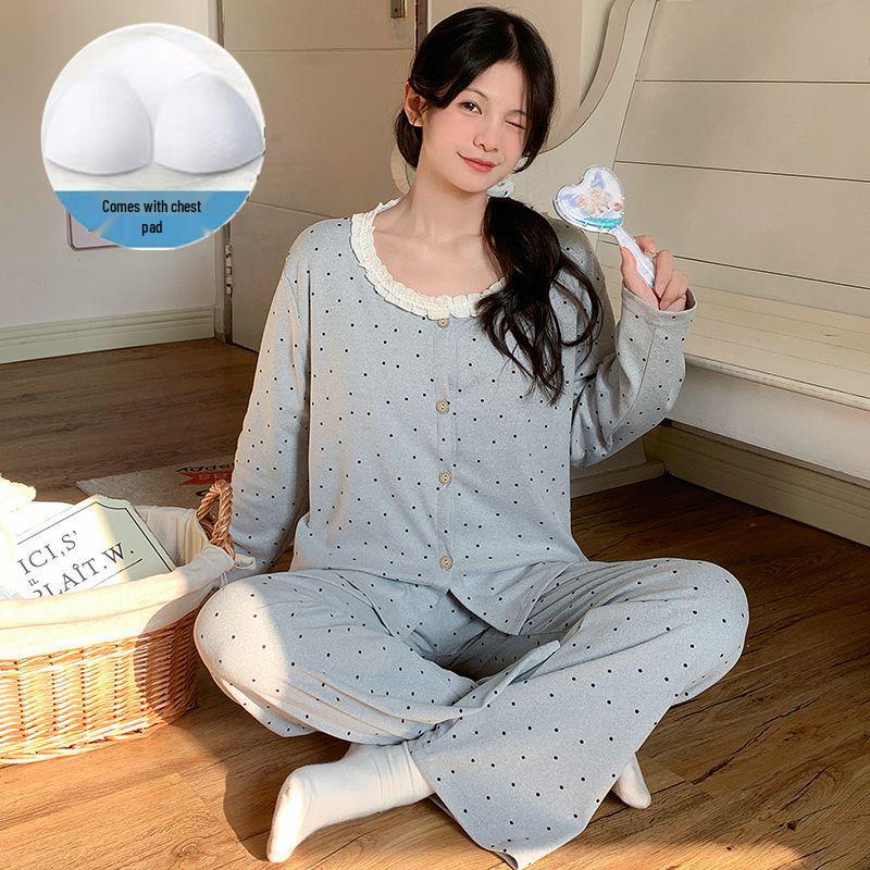 

De Velvet Thickened Women s Pajamas with Chest Pad - Long Sleeve, Warm and Loose Fit Cardigan Set for Autumn/Winter Medium