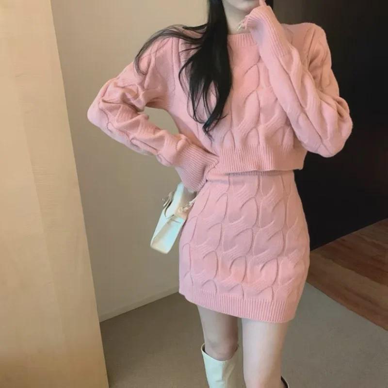 Women's Cable Knit Sweater & Skirt Set - Slim Fit Long Sleeve Top with High Waist Short Skirt