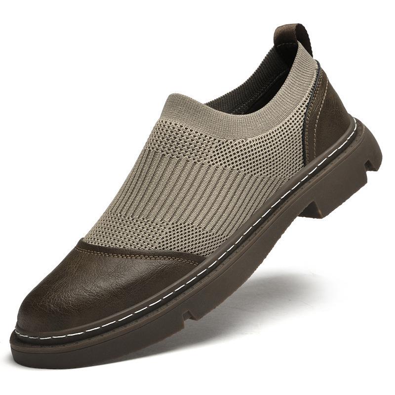 Men's Breathable Knit Mesh Slip-on Loafers - Spring/Summer Casual Low-top, Patchwork Design, Hidden Height Boost, Leather Details