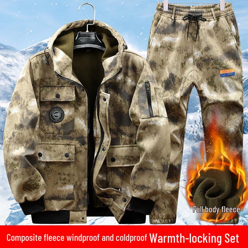 Men's Waterproof Camouflage Workwear: Thick, Plus Velvet for Autumn/Winter - Protective Jacket and Overalls.