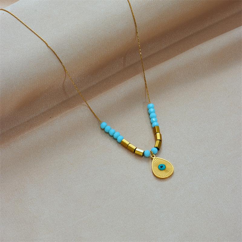 Gold Plated Evil Eye Teardrop Pendant Necklace, Stainless Steel Amazonite Beaded Choker, Waterproof Boho Jewelry for Women Gift