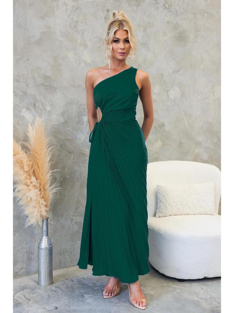 Elegant One-Shoulder Pleated Evening Dress with Waist Cutout - Spring/Summer Style