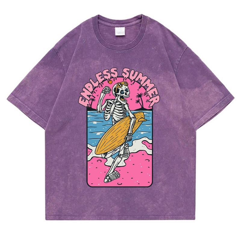 Endless Summer Skeleton Surfing Washed Retro Snow Clothing Men T-Shirt Summer Cotton