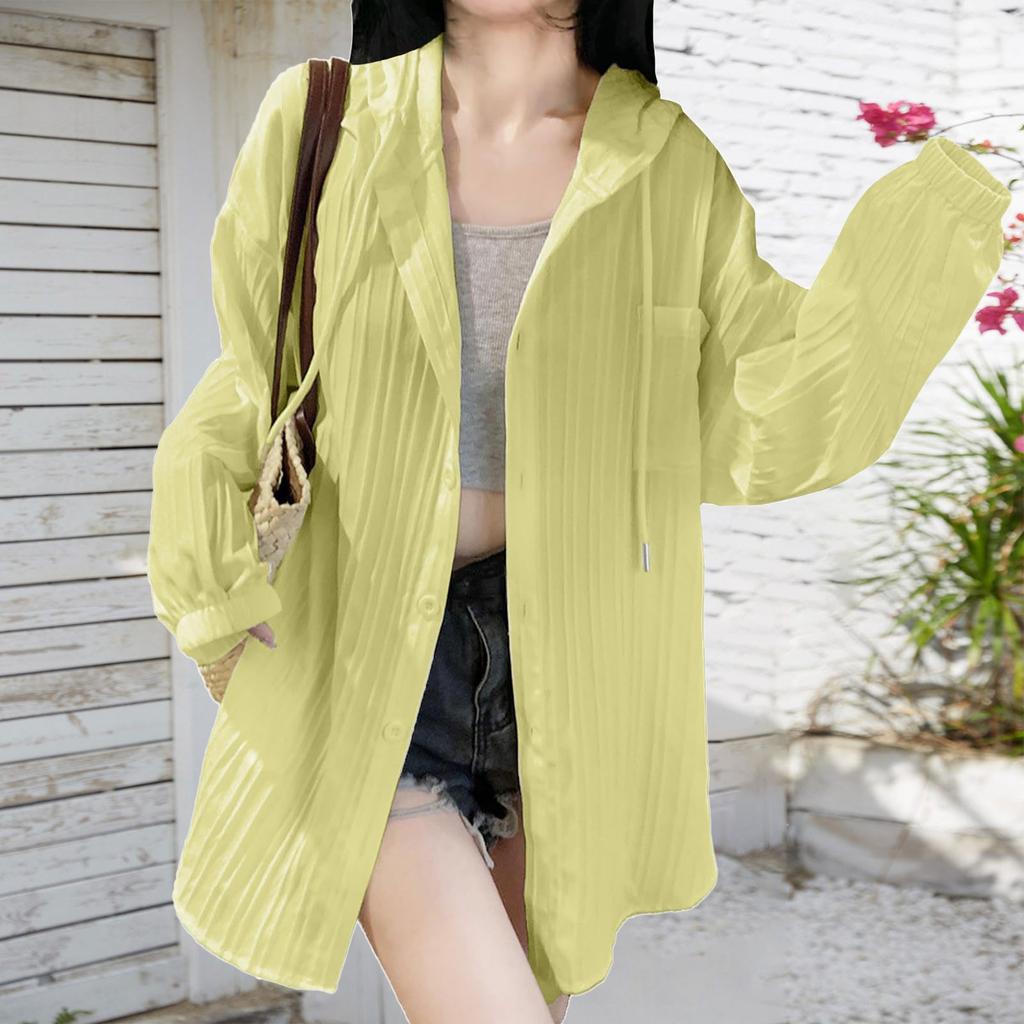 Dámské košile s ochranou proti slunci Podzimní nadměrné volné jednobarevné kardigany s kapucí se stahovací šňůrkou Dámská halenka s minimalistickou pruhovanou texturou