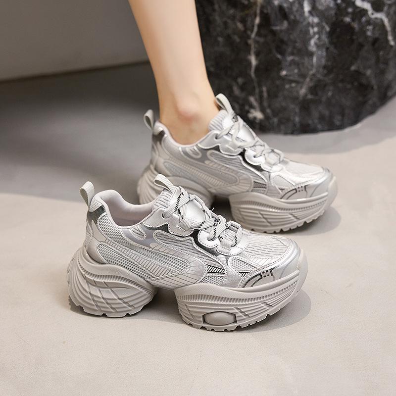 Small Size Platform Silver Fashion Dad Shoes Women's New Versatile Casual Shoes Heightening Lightweight Sports Shoes Trendy Shoes