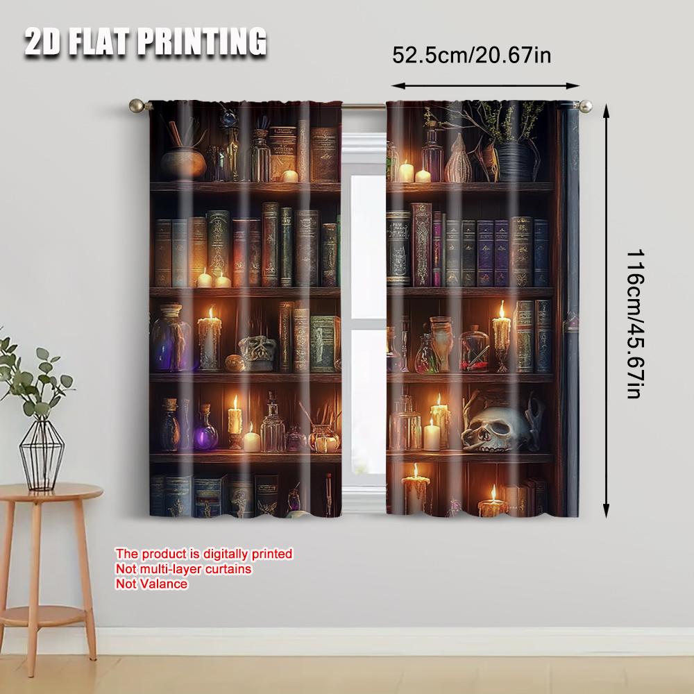 2pcs   Spring Summer Curtains Occult Bookshelf Magic Potions Candles Light Filtering Sheer Curtains Polyester Holiday for
