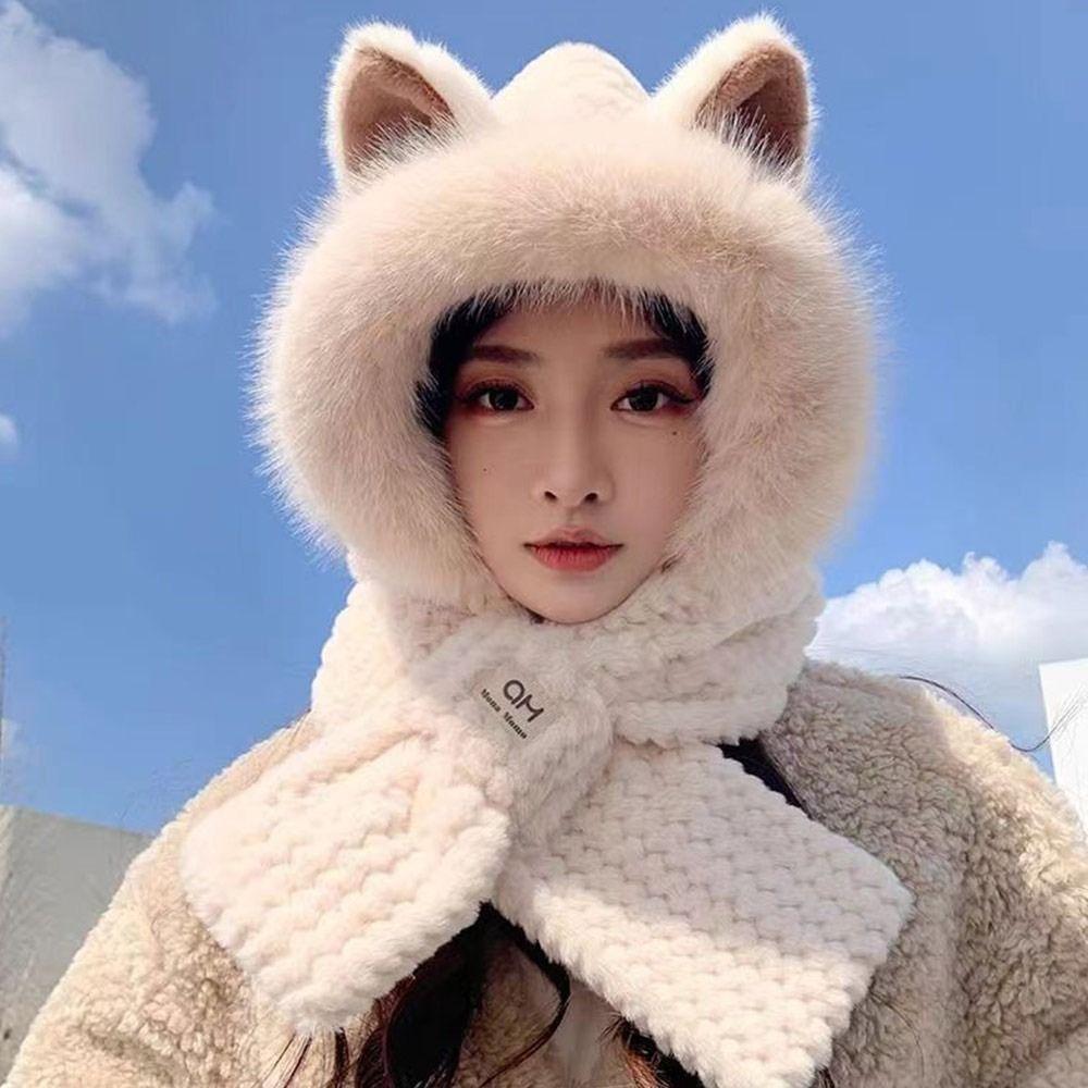 Plush Beanie Hat Scarf Thickening Ear Protection Cap Winter Scarf Set Hooded  Outdoor