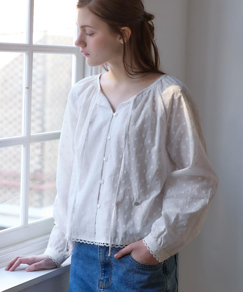 OURHOPE Atelier Ribbon Shirring Blouse - White