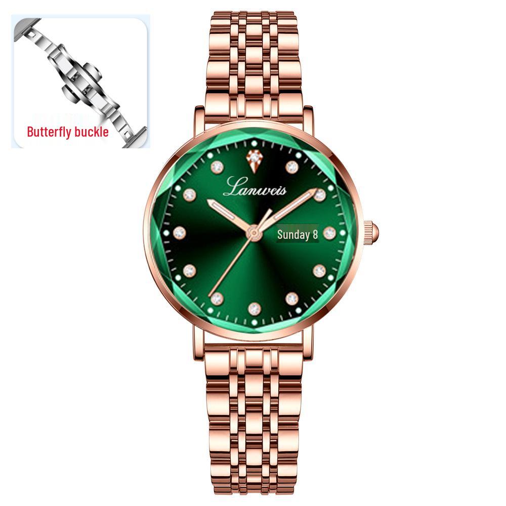 Origineel Dames Stalen Band Horloge met Vlinder Sluiting, Dubbele Datum, Lichtgevend, Waterdicht, Elegante Nieuwe Stijl.