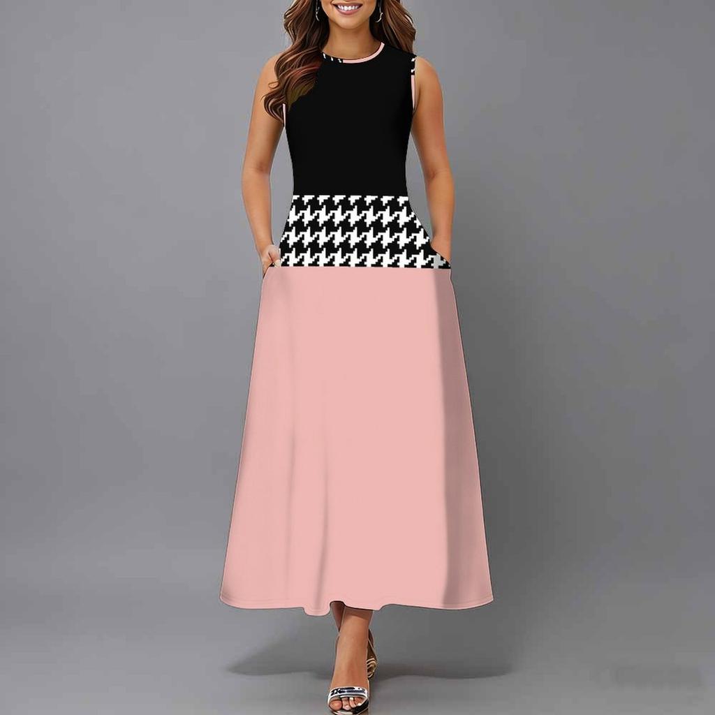 Ladies Plus Size Sleeveless Crew Neck Dress Delicate Mini Floral Flowy Mid Length Gown