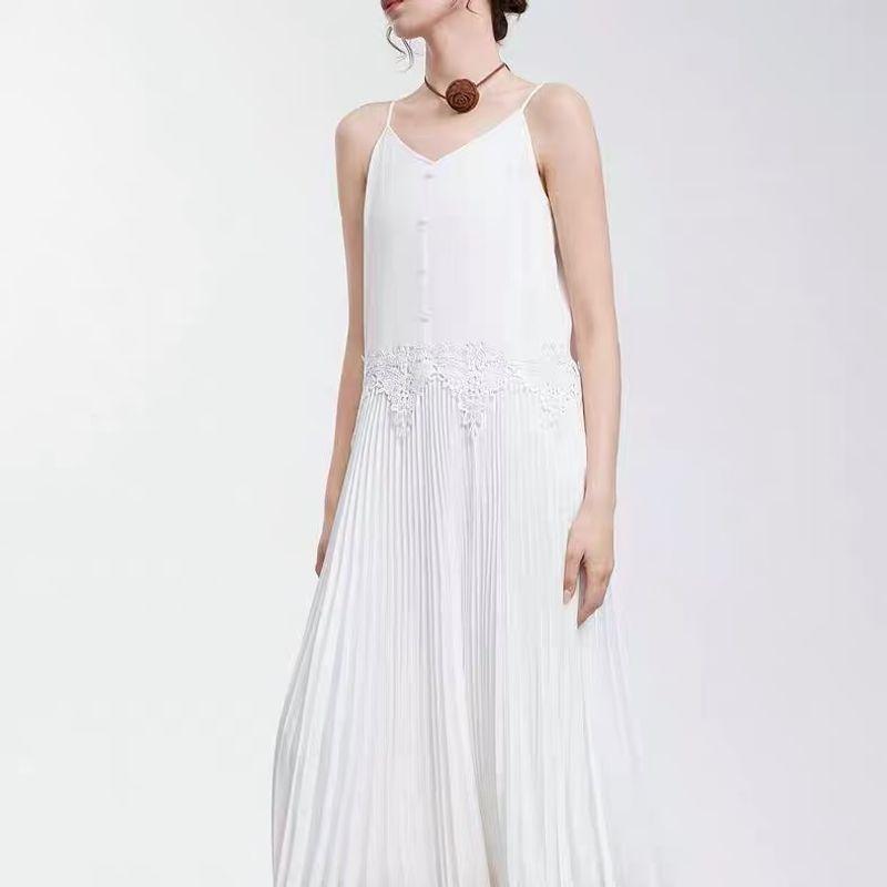 

Белое платье-сарафан плиссе из органзы во французском стиле для женщин 2025 Весна Новое поступление Элегантность Пляжный отдых White S