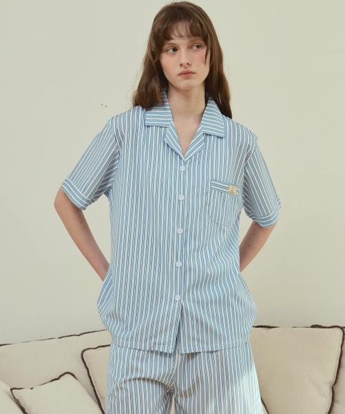 [Pink Zone] Unisex Blaine Stripe Blue Short-Sleeve Collar Pajama Set [Shipped from Korea] 100% Authentic
