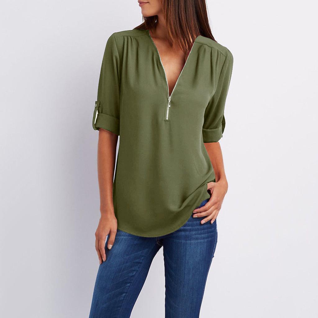 Women Ladies Zipper Button Long Sleeves Loose Chiffon Shirt Clothing