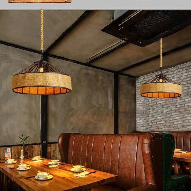 Retro Wrought Iron Pendant Light – Hemp Rope Design for Clothing Stores, Cafes, Restaurants, and Bars