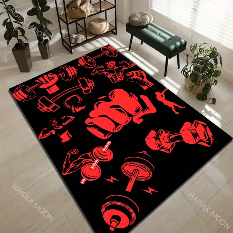 1 Stück Fitness-Icons Hanteln Fäuste Muskel-Print Teppich für Wohnzimmer Schlafzimmer Sofa Heimdekoration Rus Rutschfeste Fußmatte Luxuriöses Geschenk