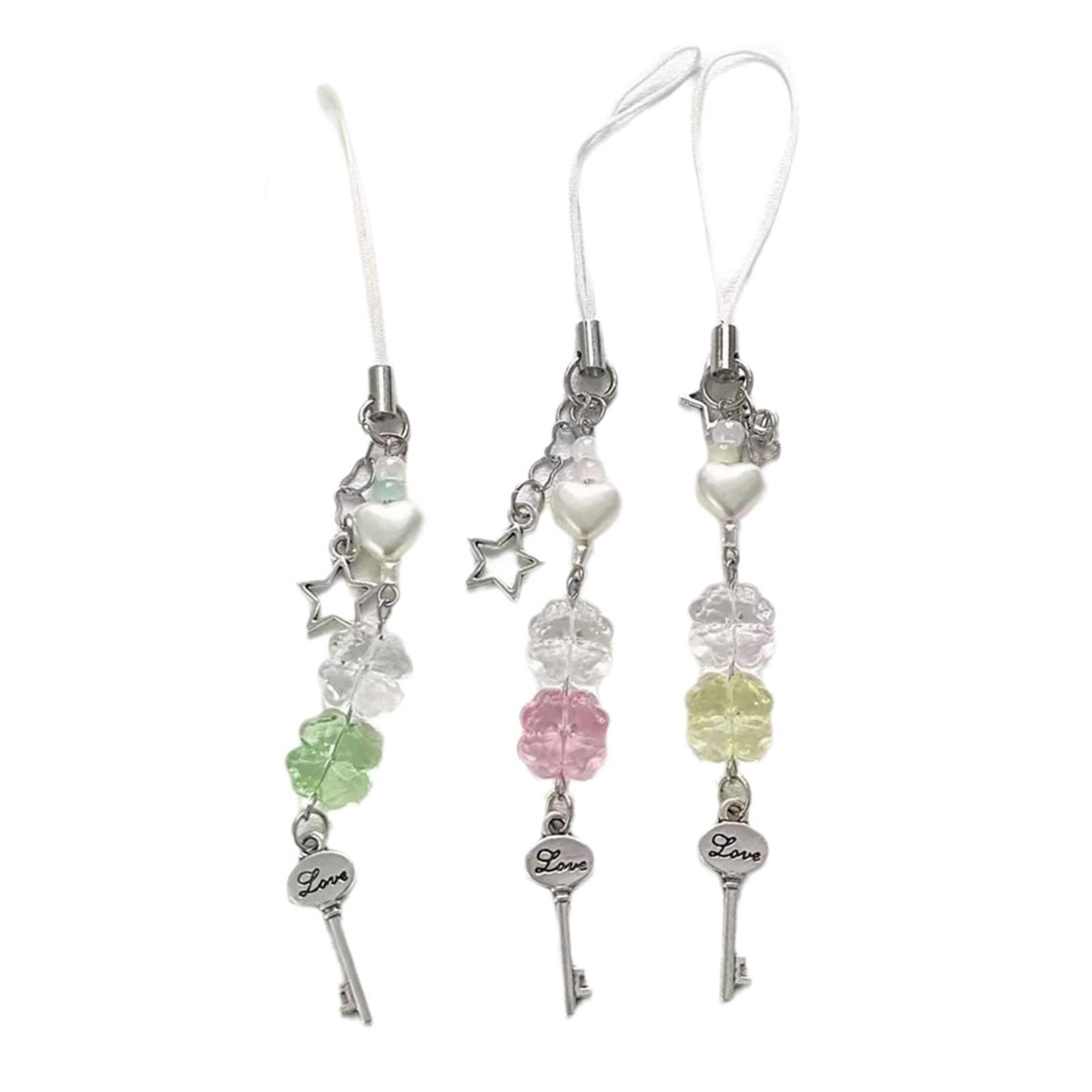 

3 шт., шнурок для телефона из бисера ручной работы с четырьмя листочками клевера, цепочка для телефона из акрила, подвеска для телефона из бисера, ювелирные изделия для сумки с ключами