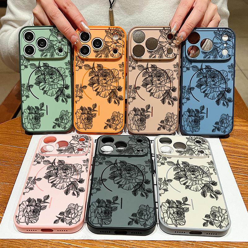 Sketching Rose Flower Pattern Case For iPhone 17 Pro Max Magnetic For Magsafe Hybrid Slim Matte Cover For iPhone 16 15 14 13 Pro Max