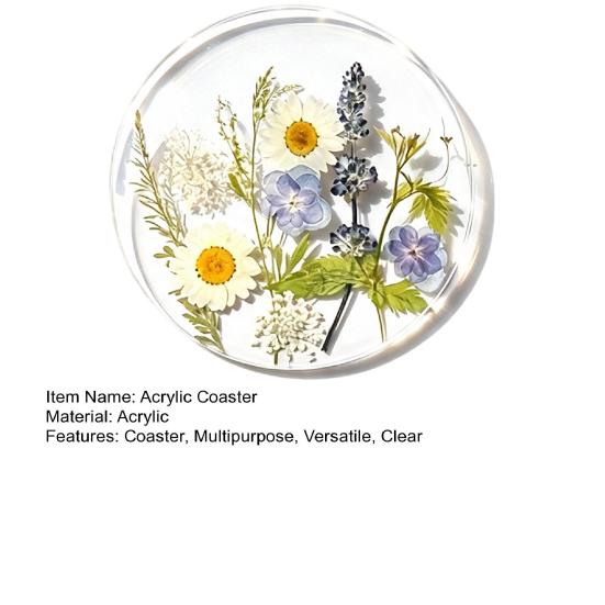Non Slip Coaster Set Floral Print Acrylic Coaster, Non-Slip Surface Heat Resistant Protection Cup Pad, Pads Transparent Round Mat for Office Desk