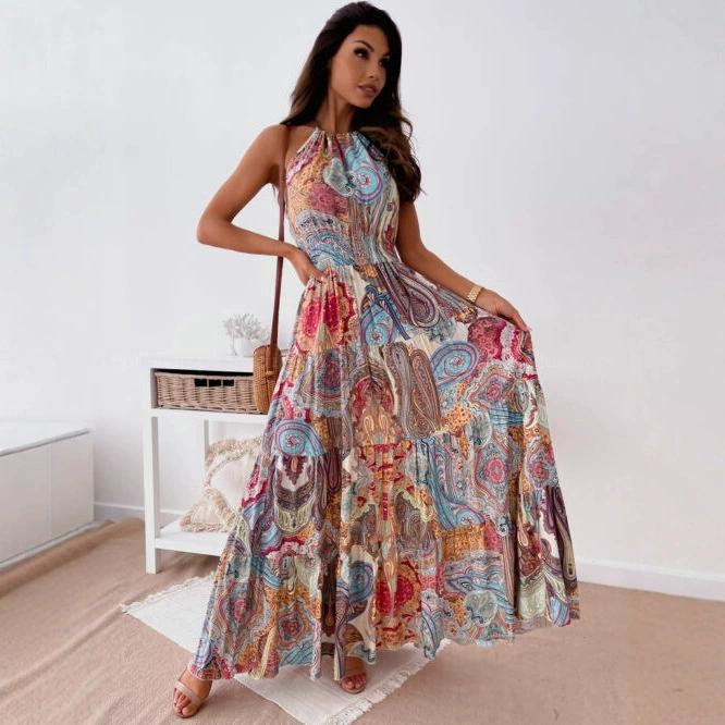 

Summer Beach Dress Sexy Bohemian-style Printed Backless Suspender Long Dress for Women XXL синій