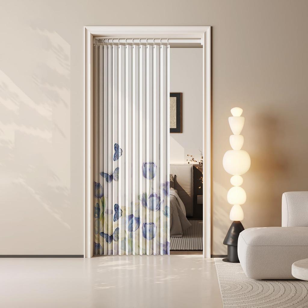 Mizukiori Stylish Folding Room Divider Door Light Energy Floral Print Compact Perfect for Living and Length Width Ice Blue Tulip Curtain, Curtain,