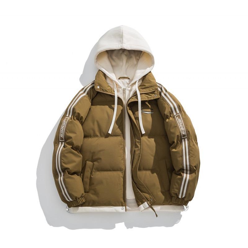 New couple loose hooded cotton-padded jacket, winter black fake two-piece thickened warm cotton-padded jacket