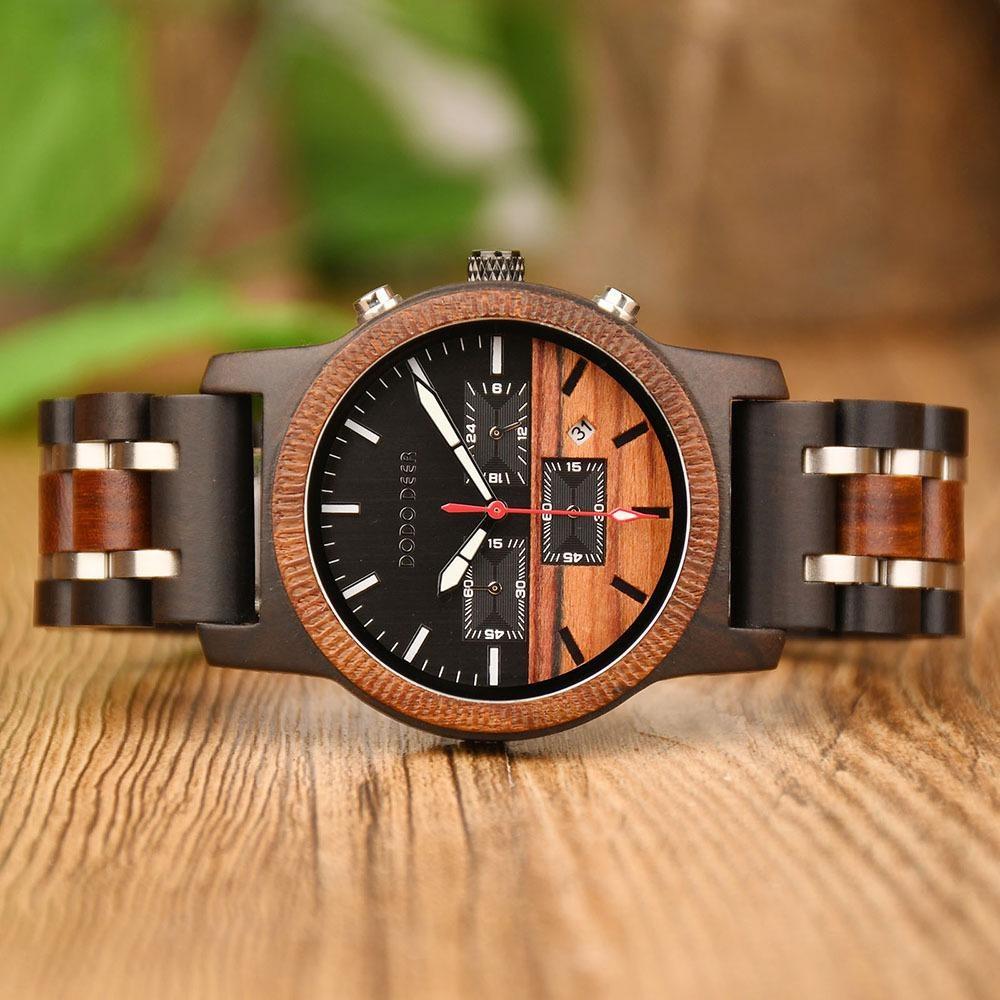 Wood Watch Multifunctional Luminous Calendar Chronograph 3-sub Dials Wooden Quartz Wristwatch Gift