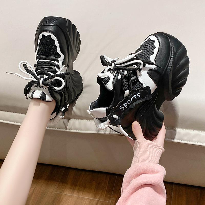 Fashion White Chunky Sneakers Women New Autumn Hidden Heel Platform Sports Dad Shoes Woman Lace Up Breathable Mesh Casual Shoes 10CM