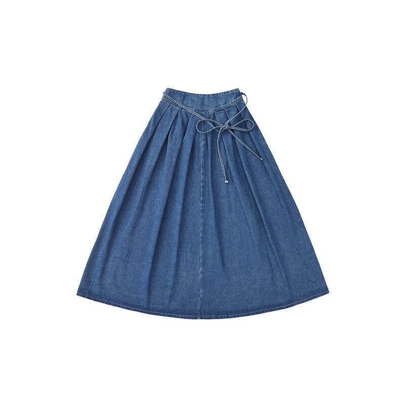 Lace Up Corset Midi Long Skirts Women Spring Summer Korea Style Vintage High Waist Jean Skirt A Line Ruffle Pleated Denim