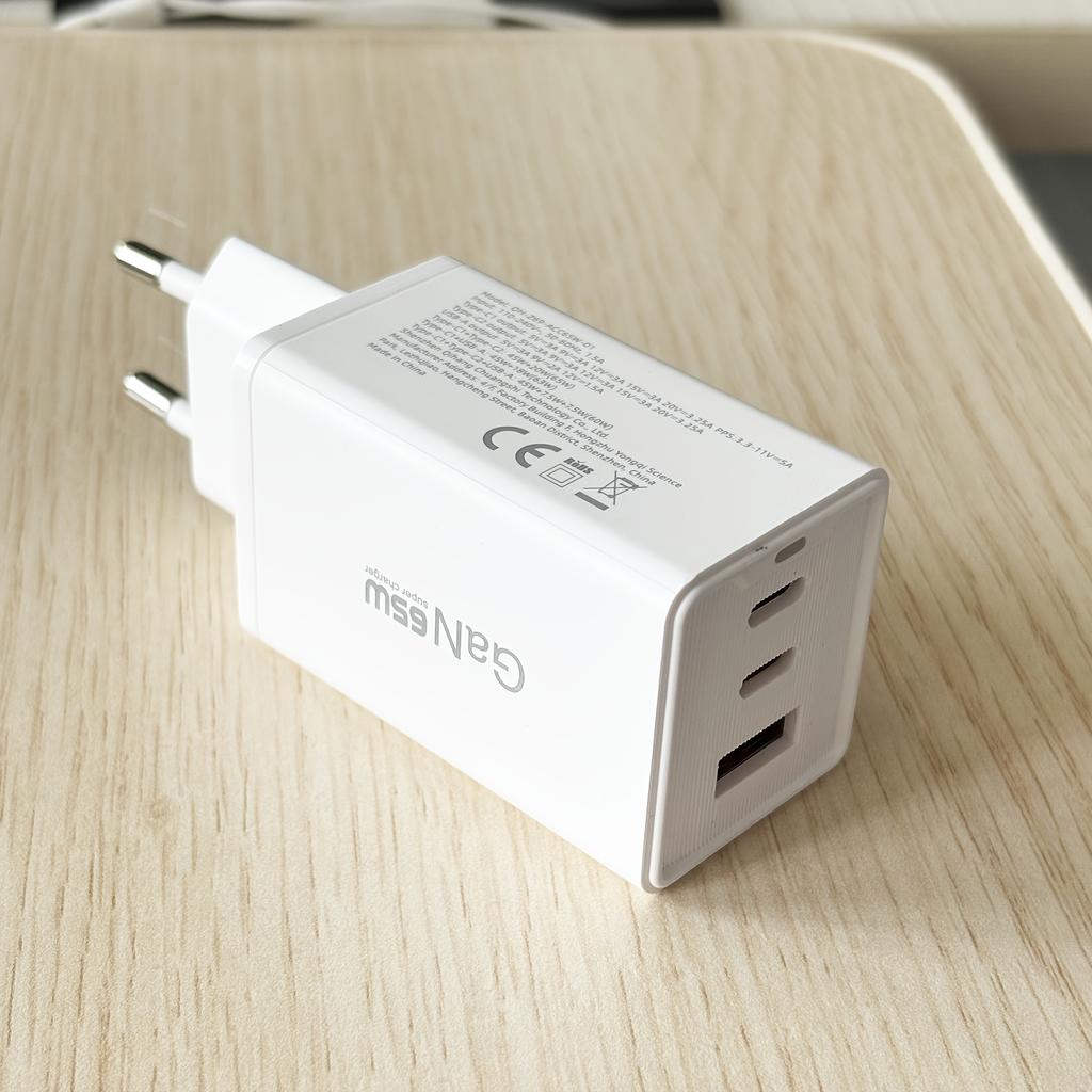 65W GaN Tech Fast Charger With 3 ports(1 USB-A&2 USB-C), PD+PPS Fast Charger Compact USB Adapter