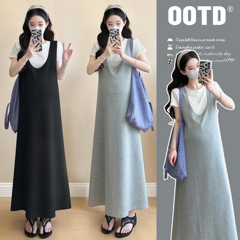 2026 Summer Casual Maternity Two-Piece Set: Short-Sleeve T-Shirt + Loose Belly-Covering Vest Long Skirt 2XL