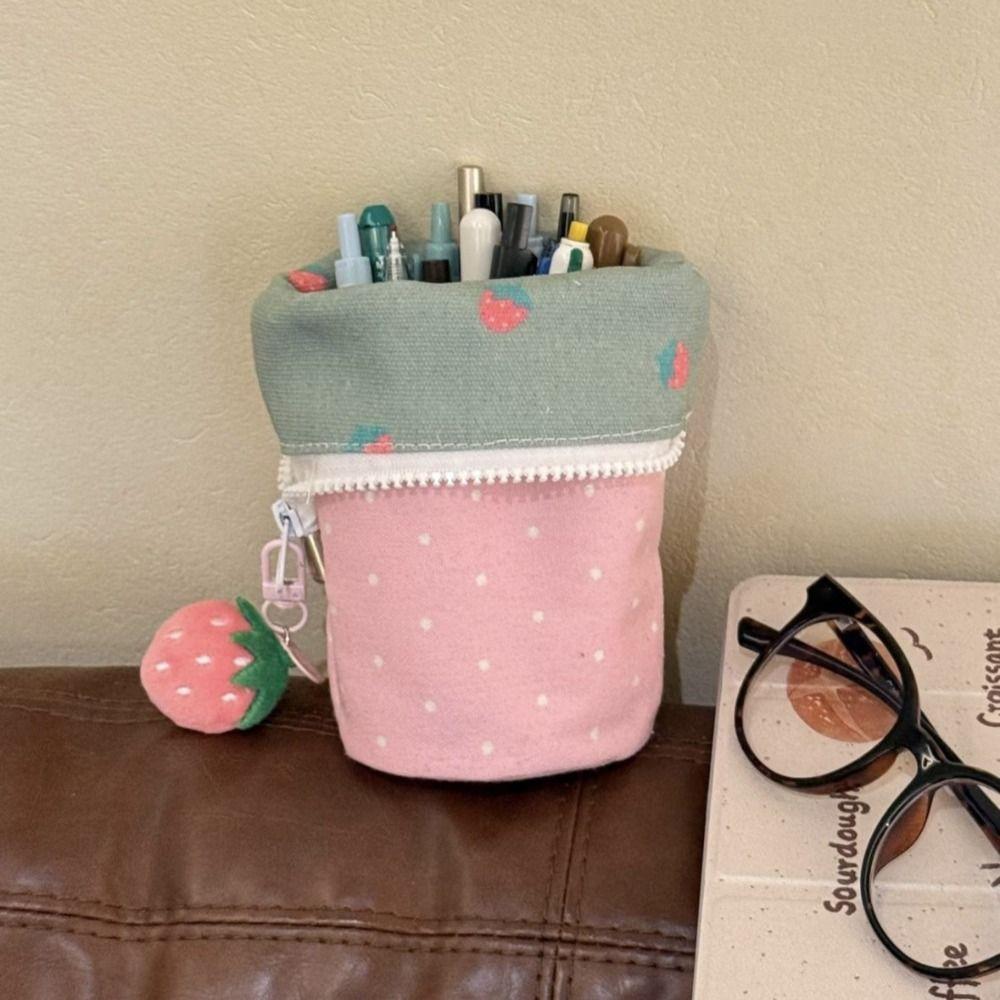 Cylindrical Stand Up Pen Bag Strawberry Pencil Case Cute Cosmetic Bag  Students Supplies