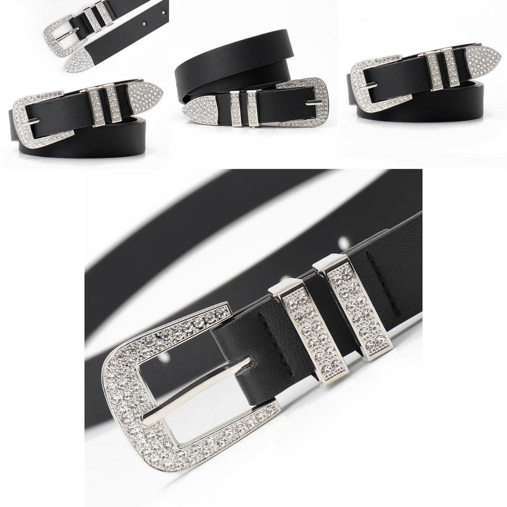 Alternative Fashion Unisex Faux Leather Belt With Sparkling Rhinestone Buckle For Street Style
