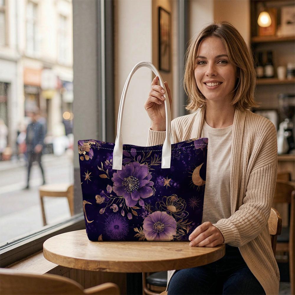 Purple Floral Moon Pattern Tote Bag Stylish Daily Casual Shoulder Handbag