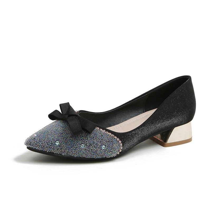 French pointed single shoes women's summer new shallow rhinestone thick heel medium heel temperament large size 40-43