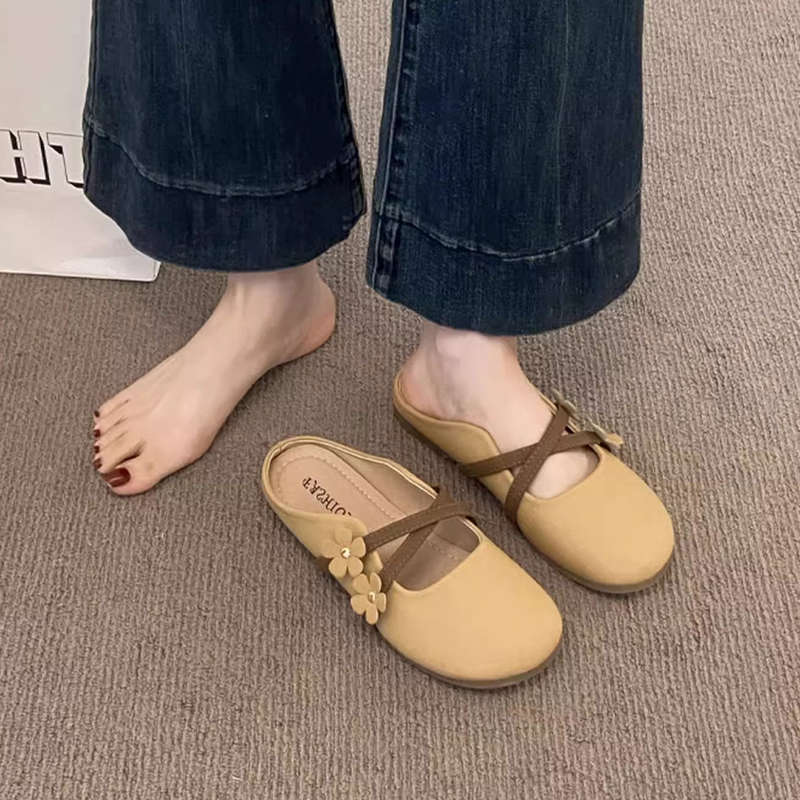 Flat-bottomed bag head half slippers women's summer outer wear 2025 new one-pedal evening women's shoes half-tot Mary Jane single shoes