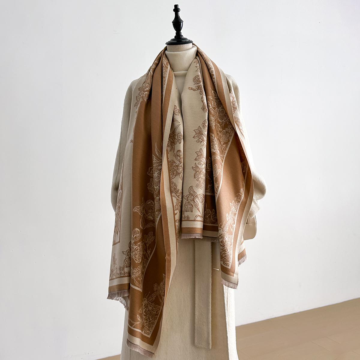 

Elegant Floral Bouquet Scarf Imitation Cashmere Soft Warm Versatile Shawl Coldproof Windproof Blanket Scarf For Autumn Winter