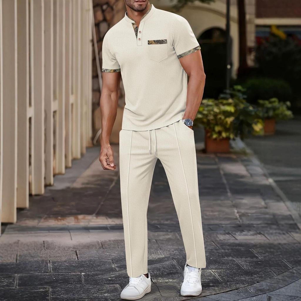 Men's Summer Waffle Stand Collar Two-Piece Set: Color Block Short Sleeve Shirt & Long Pants
