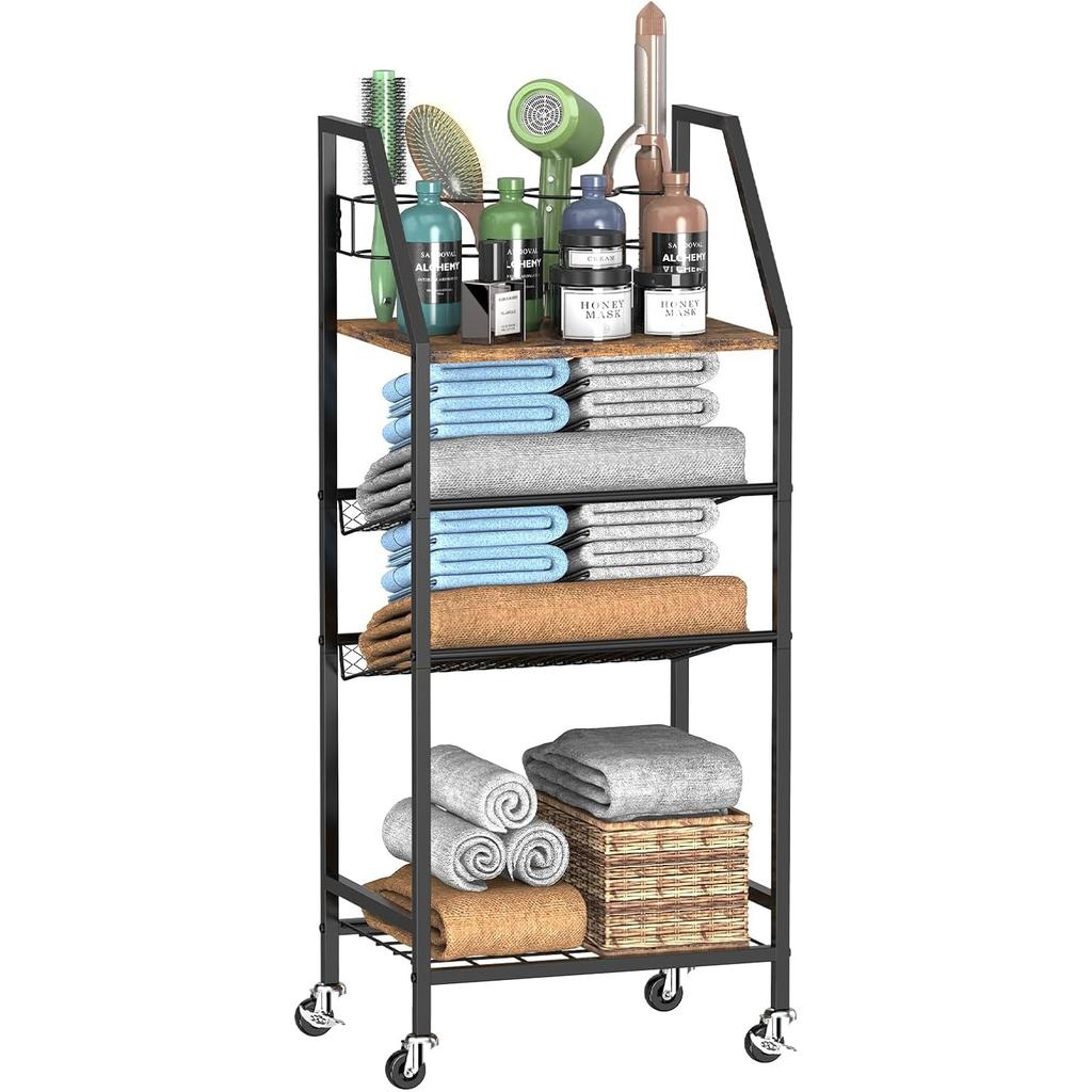 4-Tier Freestanding Towel Rack with Wheels - Hair Tool Organizer & Metal Shelf, Space Saving for Bathroom/Pool