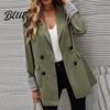 Suit Jacket Women Coat Lapel Long Sleeve Striped Cuffs with Double Breasted Business Outwear Flap Pockets Solid Color Loose Fit