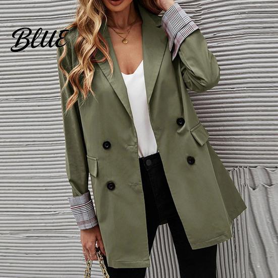 Suit Jacket Women Coat Lapel Long Sleeve Striped Cuffs with Double Breasted Business Outwear Flap Pockets Solid Color Loose Fit