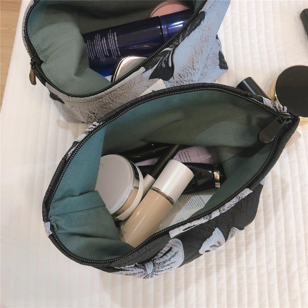 

139 Bowknot Jacquard Makeup Bag Travel Toiletry Organizer Women Canvas Cosmetic Pouch Black/Grey Bowknot