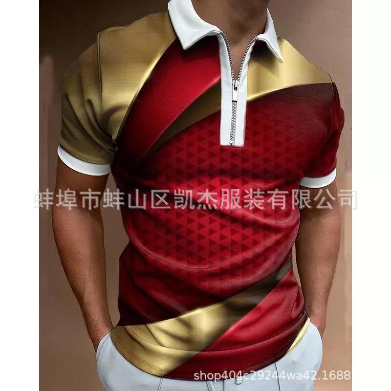 Modern short-sleeve zip-up polo shirt, stylish casual top for men.