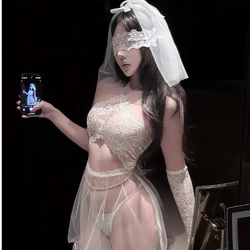 Women's Sensual White Bridal Lingerie: High-End Seductive Cosplay See-Through Soft Gauze Pajamas