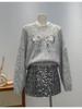 Korean Style Sequined Bow Sweater - Women's Loose Fit, Round Neck, Long Sleeve Knit Top for Autumn/Winter 2025