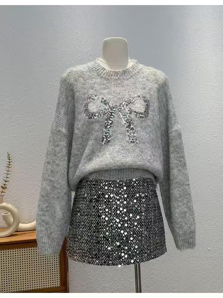 Korean Style Sequined Bow Sweater - Women's Loose Fit, Round Neck, Long Sleeve Knit Top for Autumn/Winter 2025